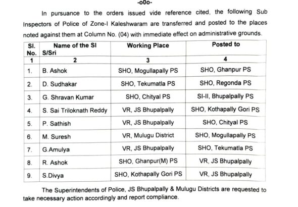 భూపాలపల్లి నియోజకవర్గంలో ఎస్సైల బదిలీలు