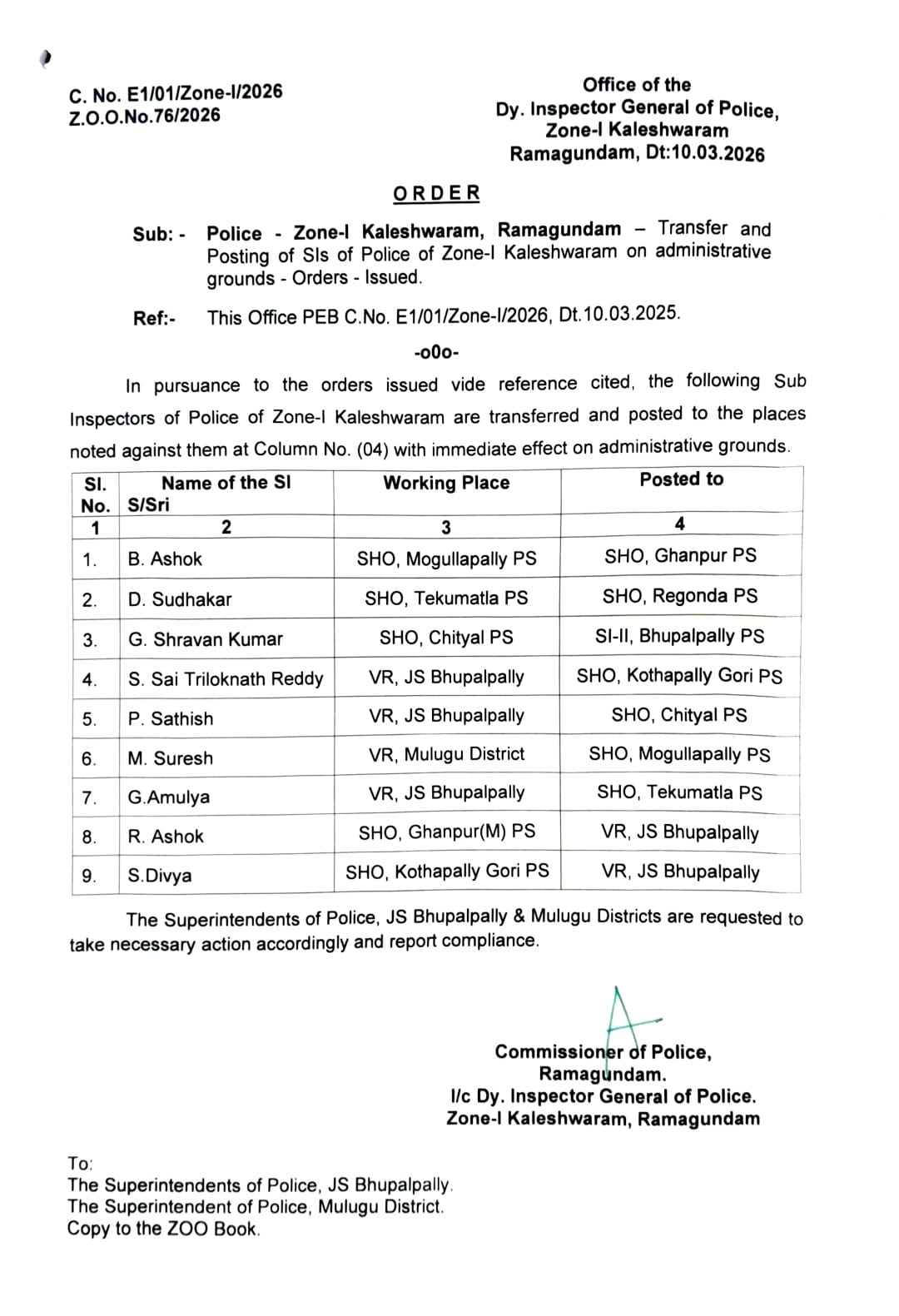 భూపాలపల్లి నియోజకవర్గంలో ఎస్సైల బదిలీలు